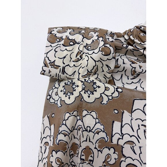 Tory Burch Wheat Nocturne Print Silk Blouse Top Floral Taupe White Bow Tie 4 - Picture 15 of 16